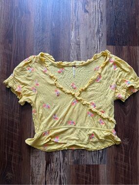 Free People Yellow Floral Ruffle-Trim Crop Top